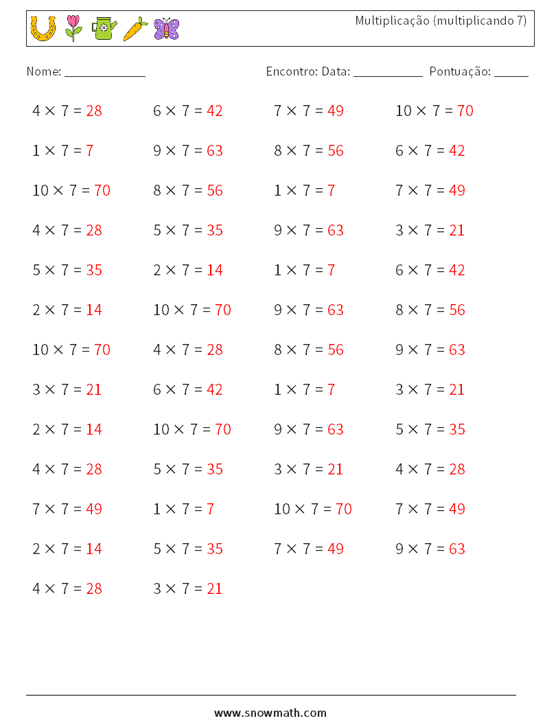 (50) Multiplicação (multiplicando 7) planilhas matemáticas 9 Pergunta, Resposta