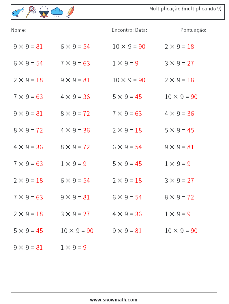 (50) Multiplicação (multiplicando 9) planilhas matemáticas 1 Pergunta, Resposta