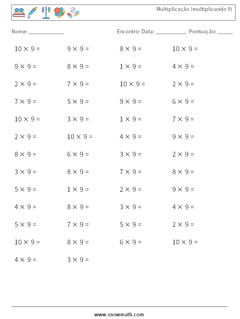 (50) Multiplicação (multiplicando 9) planilhas matemáticas 3