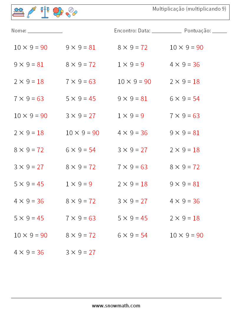 (50) Multiplicação (multiplicando 9) planilhas matemáticas 3 Pergunta, Resposta