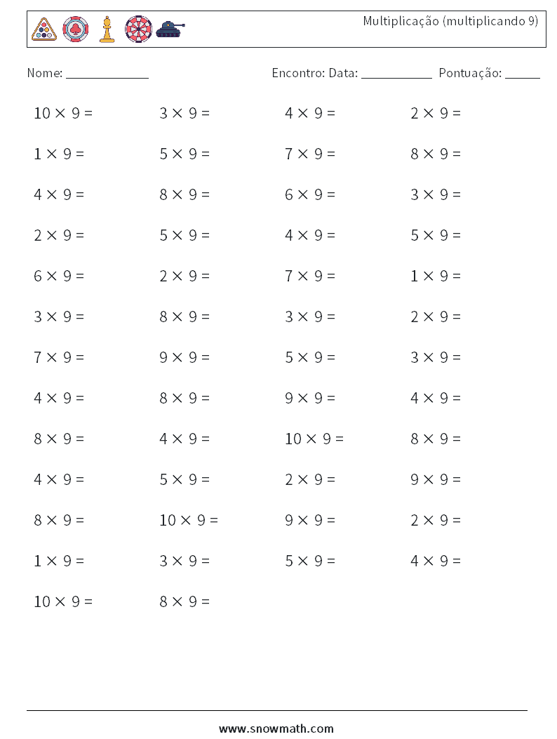 (50) Multiplicação (multiplicando 9) planilhas matemáticas 4