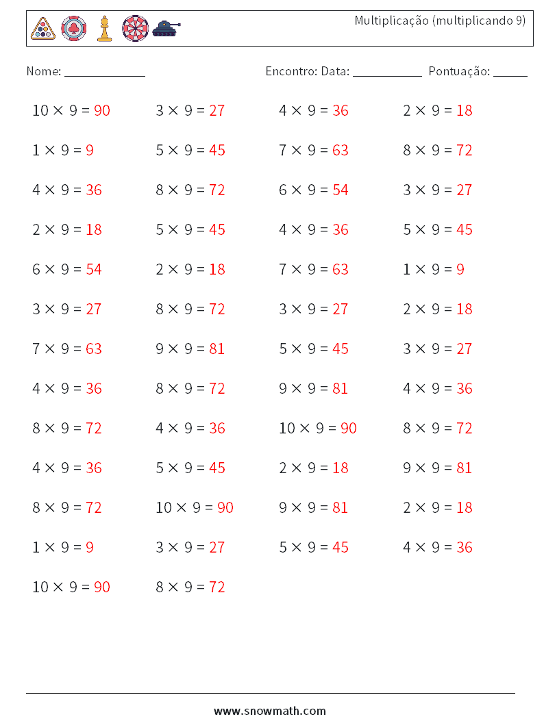 (50) Multiplicação (multiplicando 9) planilhas matemáticas 4 Pergunta, Resposta