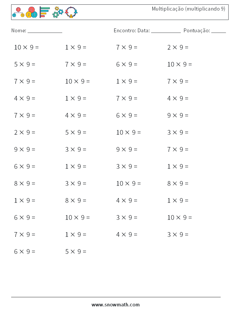 (50) Multiplicação (multiplicando 9) planilhas matemáticas 5