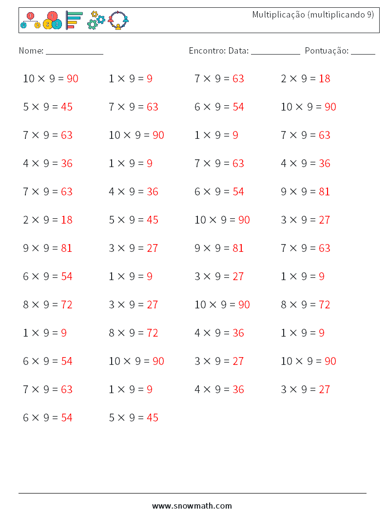 (50) Multiplicação (multiplicando 9) planilhas matemáticas 5 Pergunta, Resposta