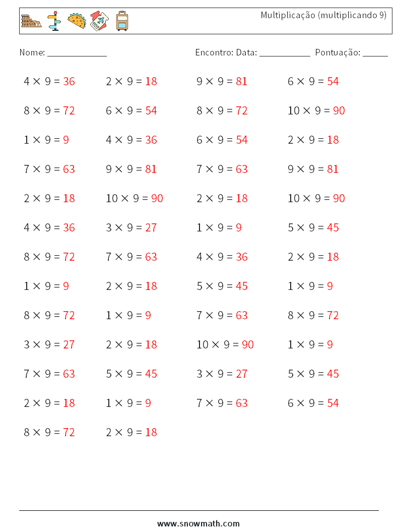 (50) Multiplicação (multiplicando 9) planilhas matemáticas 6 Pergunta, Resposta