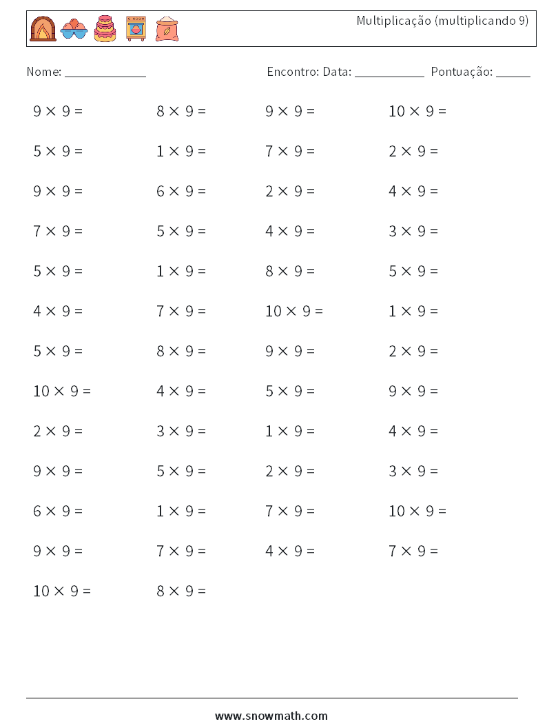 (50) Multiplicação (multiplicando 9) planilhas matemáticas 7