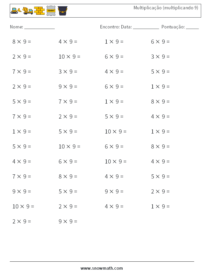 (50) Multiplicação (multiplicando 9) planilhas matemáticas 8