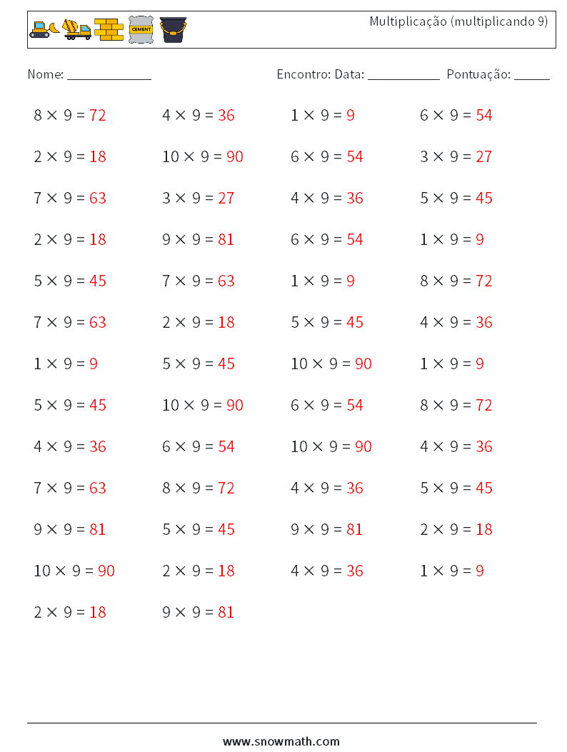 (50) Multiplicação (multiplicando 9) planilhas matemáticas 8 Pergunta, Resposta