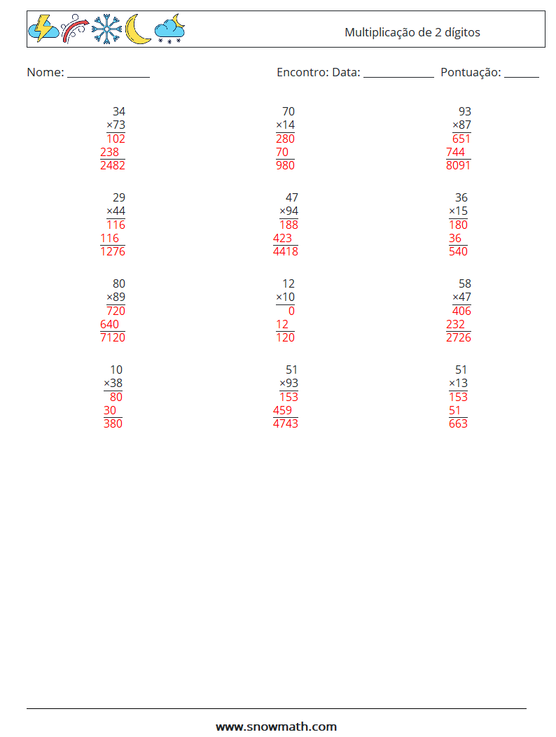 (12) Multiplicação de 2 dígitos planilhas matemáticas 10 Pergunta, Resposta