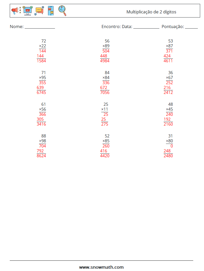 (12) Multiplicação de 2 dígitos planilhas matemáticas 11 Pergunta, Resposta