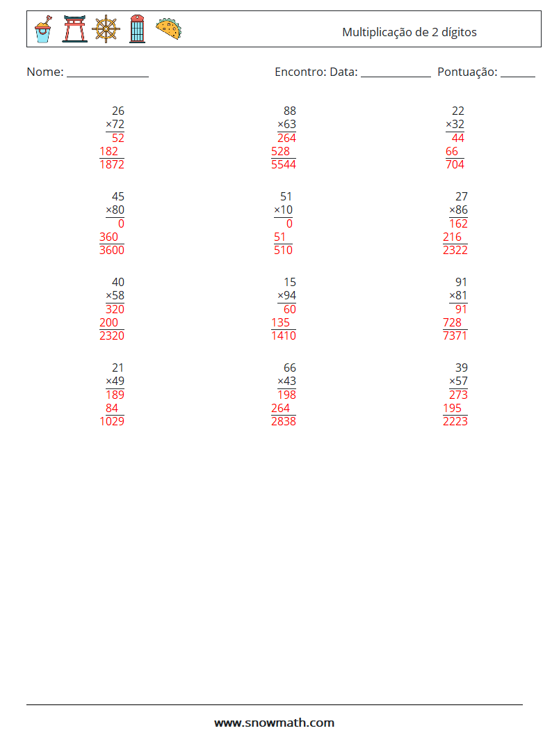 (12) Multiplicação de 2 dígitos planilhas matemáticas 12 Pergunta, Resposta