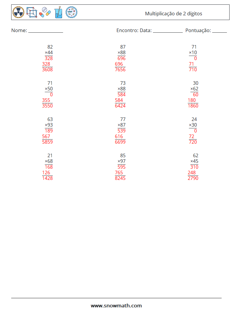 (12) Multiplicação de 2 dígitos planilhas matemáticas 14 Pergunta, Resposta