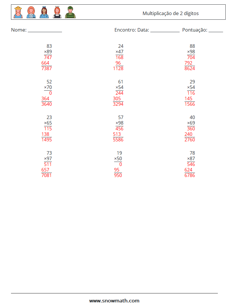 (12) Multiplicação de 2 dígitos planilhas matemáticas 15 Pergunta, Resposta