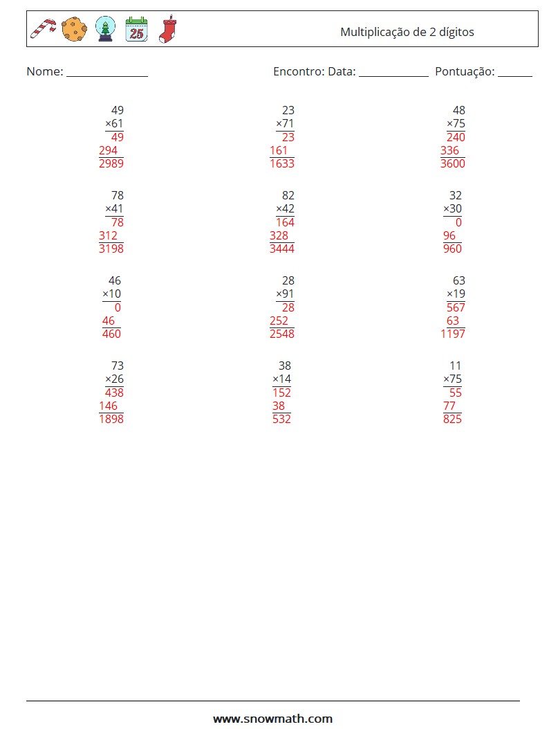 (12) Multiplicação de 2 dígitos planilhas matemáticas 17 Pergunta, Resposta