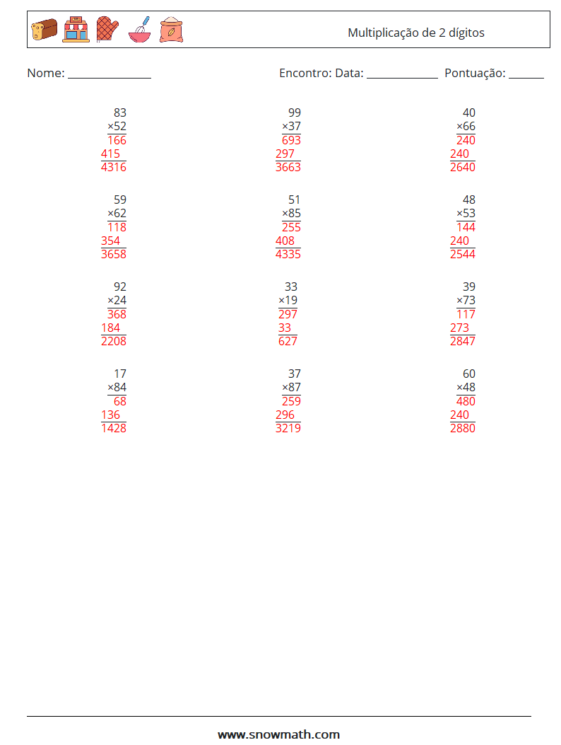 (12) Multiplicação de 2 dígitos planilhas matemáticas 18 Pergunta, Resposta