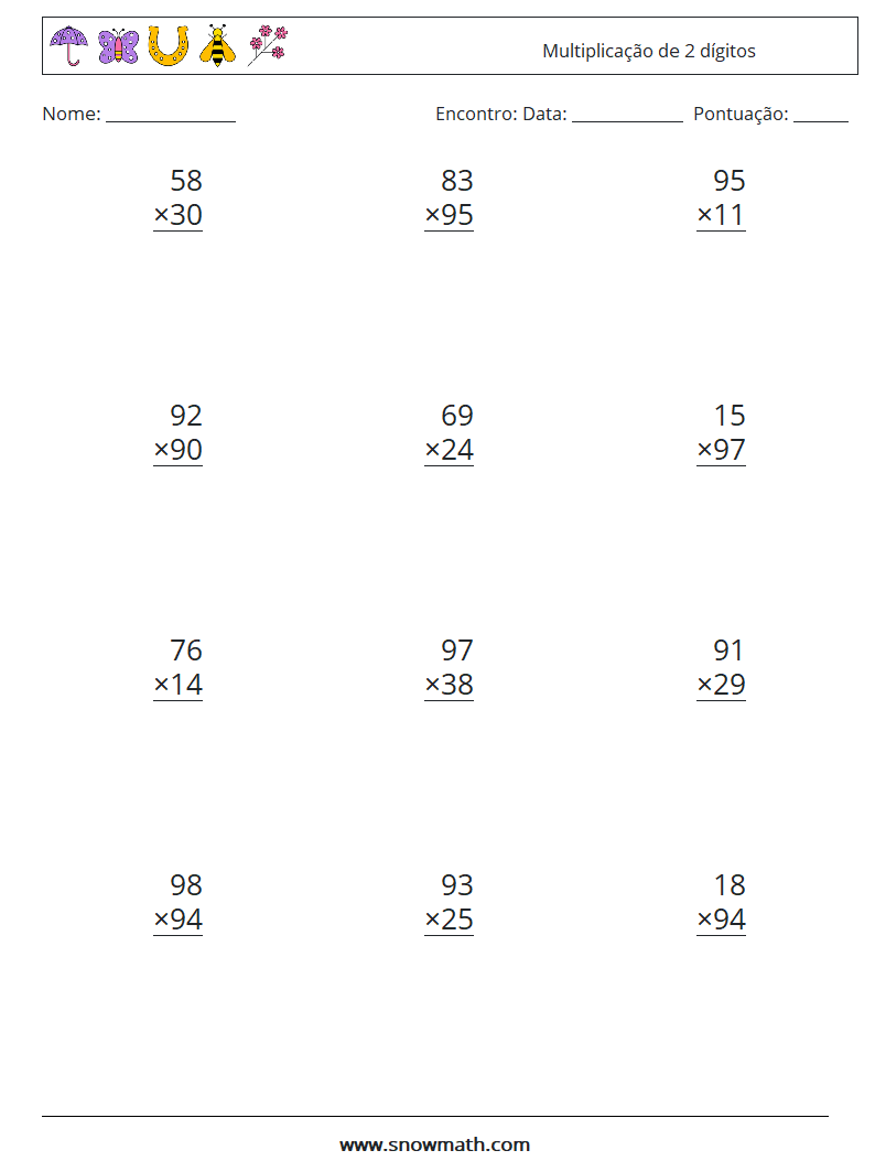 (12) Multiplicação de 2 dígitos planilhas matemáticas 6