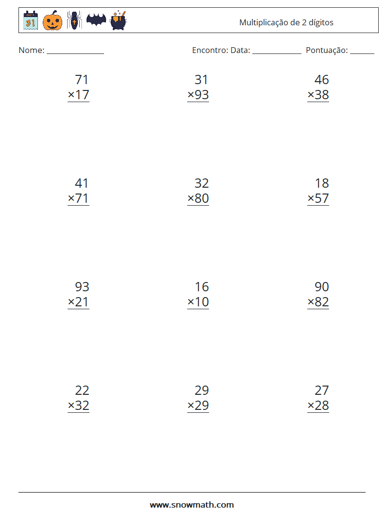 (12) Multiplicação de 2 dígitos planilhas matemáticas 7