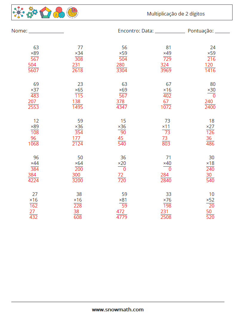 (25) Multiplicação de 2 dígitos planilhas matemáticas 12 Pergunta, Resposta