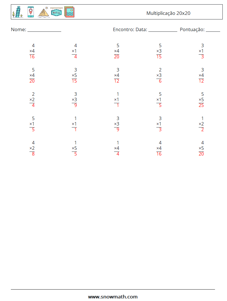 (25) Multiplicação 20x20 planilhas matemáticas 10 Pergunta, Resposta