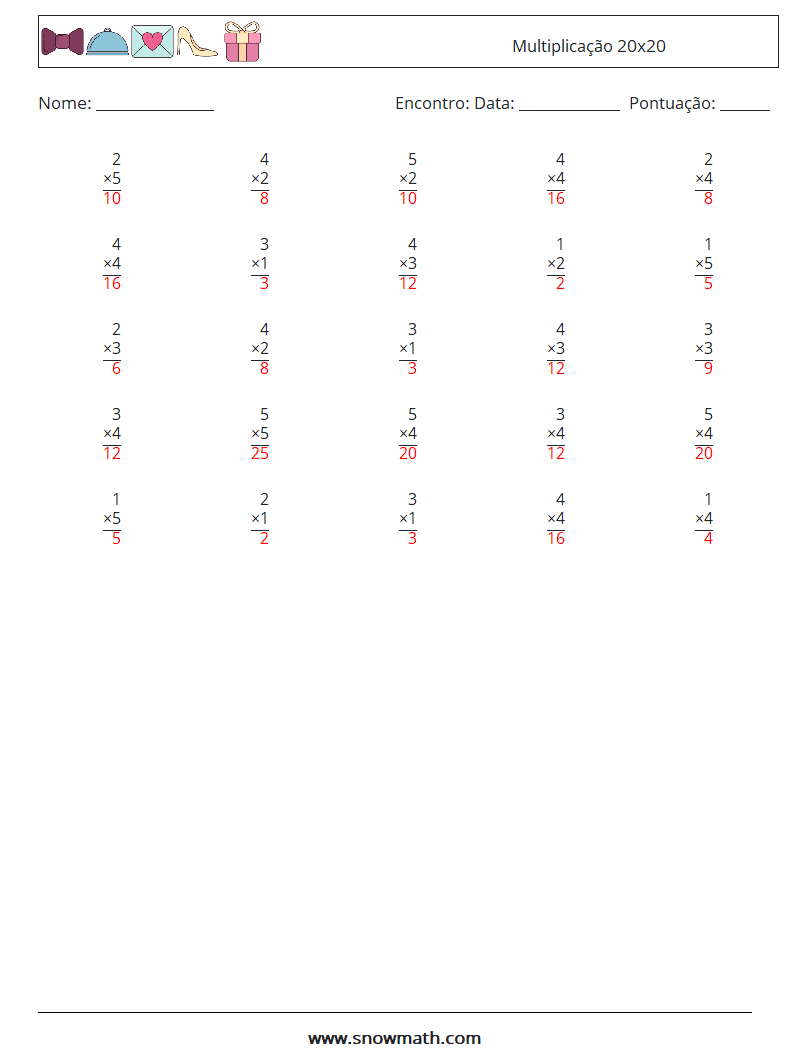 (25) Multiplicação 20x20 planilhas matemáticas 16 Pergunta, Resposta