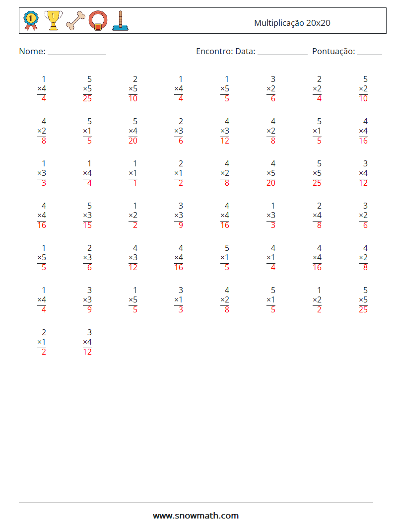 (50) Multiplicação 20x20 planilhas matemáticas 9 Pergunta, Resposta