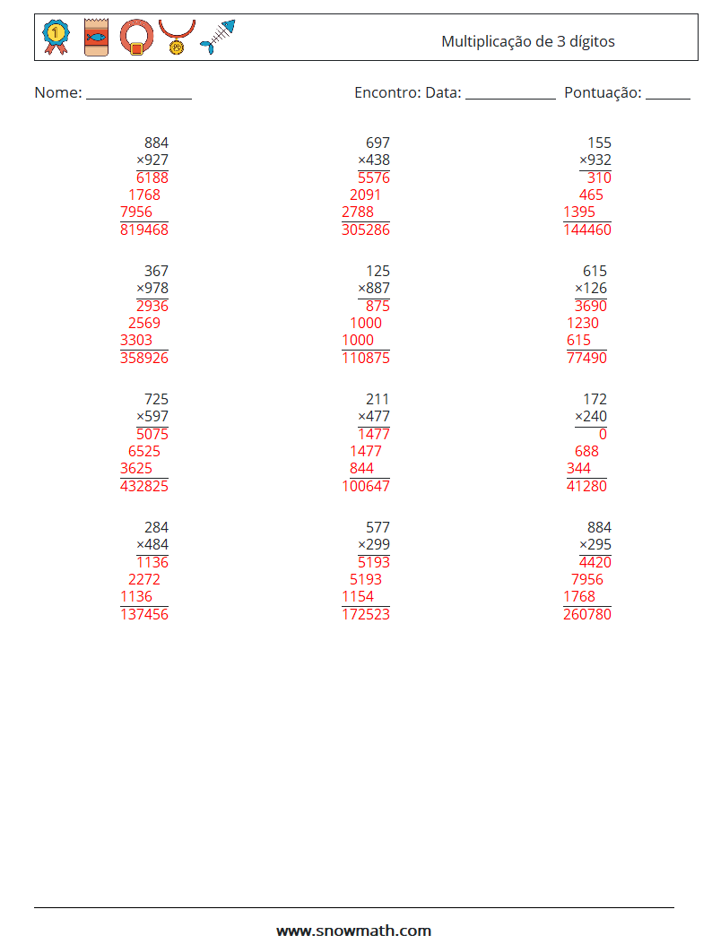 (12) Multiplicação de 3 dígitos planilhas matemáticas 11 Pergunta, Resposta