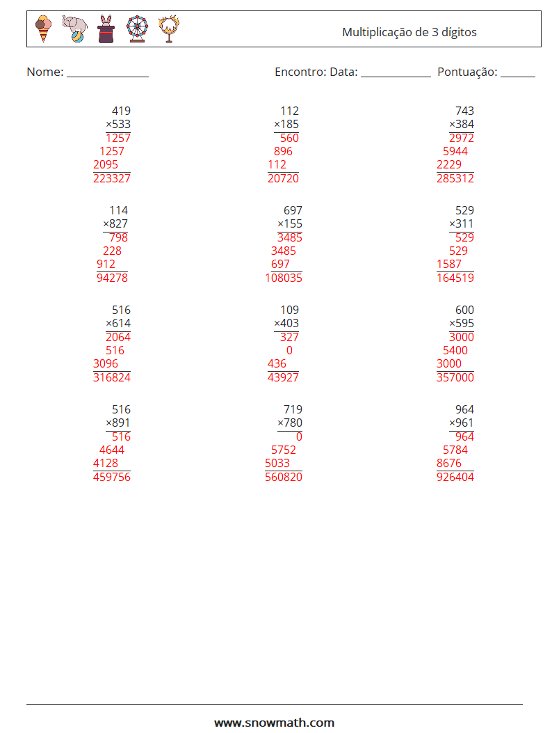 (12) Multiplicação de 3 dígitos planilhas matemáticas 12 Pergunta, Resposta