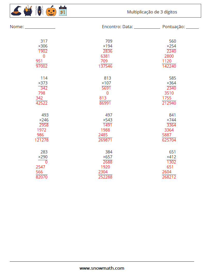 (12) Multiplicação de 3 dígitos planilhas matemáticas 13 Pergunta, Resposta