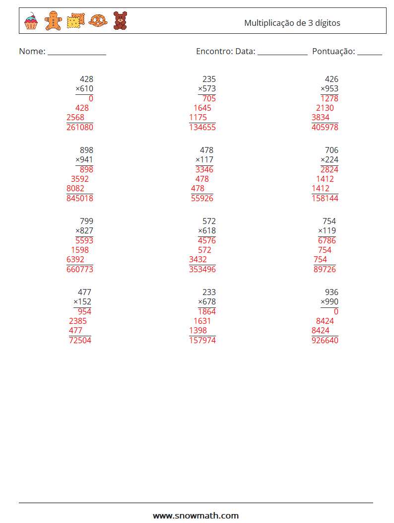 (12) Multiplicação de 3 dígitos planilhas matemáticas 16 Pergunta, Resposta