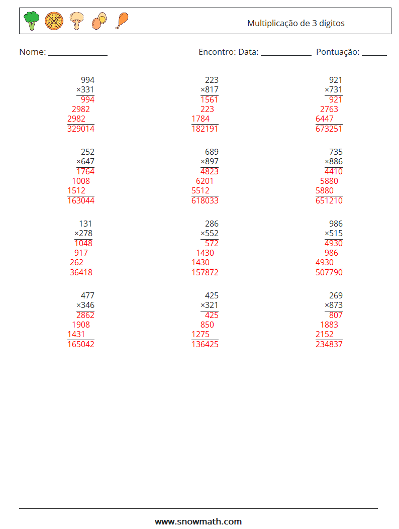 (12) Multiplicação de 3 dígitos planilhas matemáticas 18 Pergunta, Resposta