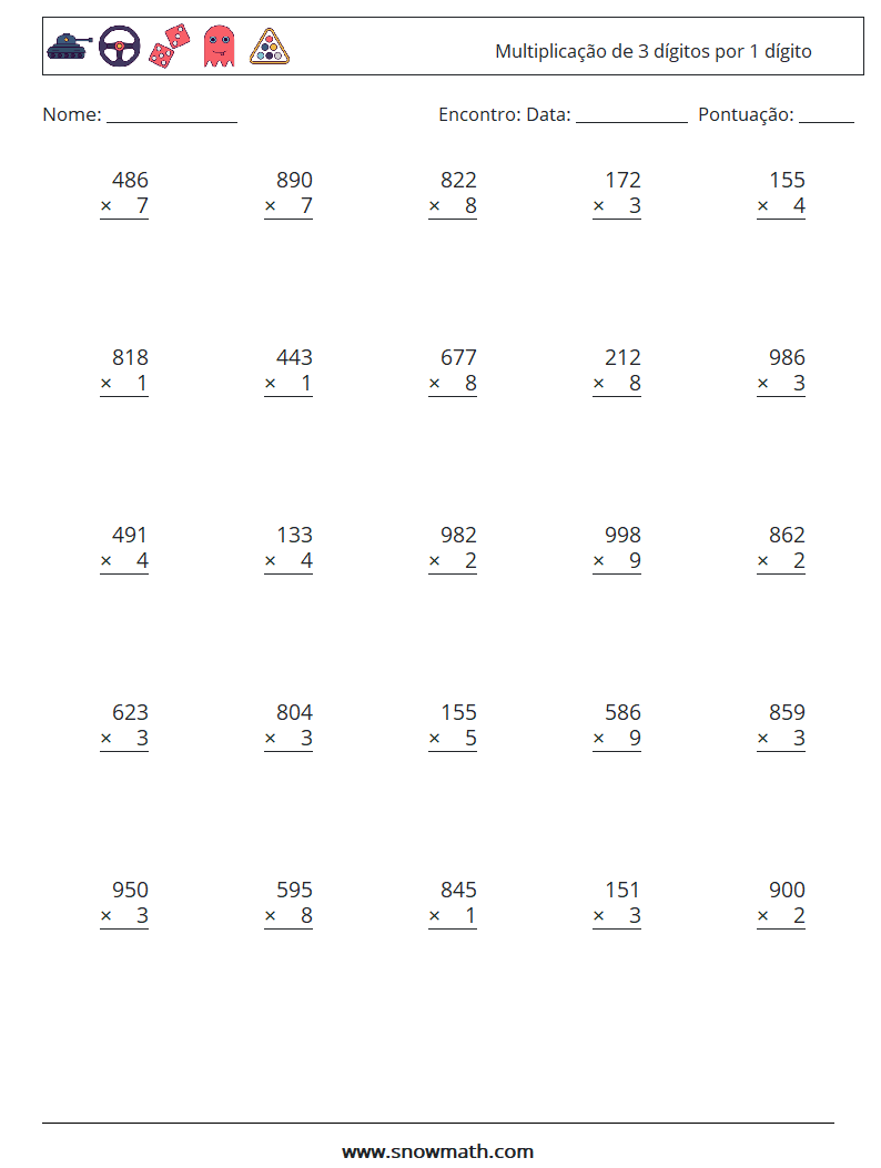 (25) Multiplicação de 3 dígitos por 1 dígito