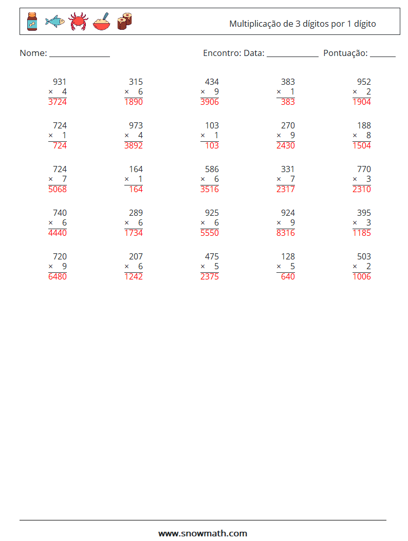 (25) Multiplicação de 3 dígitos por 1 dígito planilhas matemáticas 13 Pergunta, Resposta