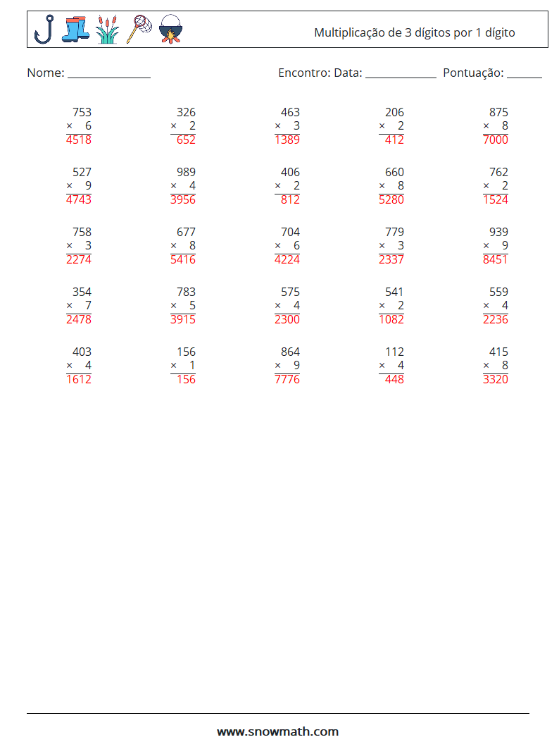 (25) Multiplicação de 3 dígitos por 1 dígito planilhas matemáticas 14 Pergunta, Resposta