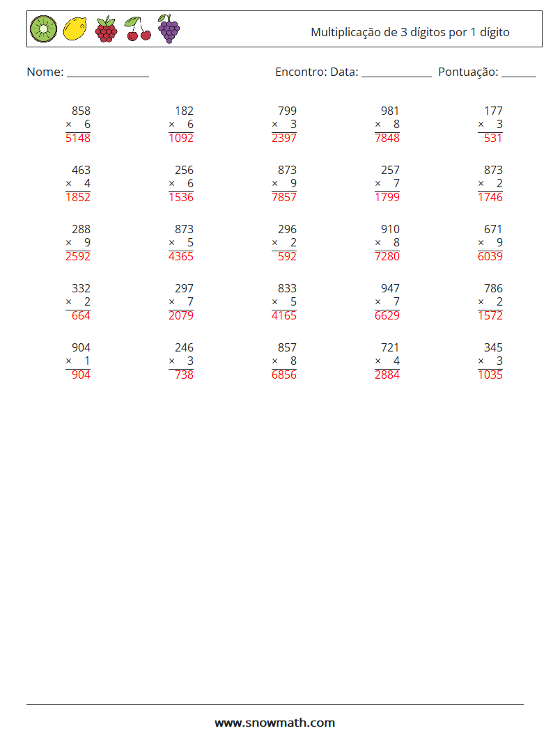 (25) Multiplicação de 3 dígitos por 1 dígito planilhas matemáticas 16 Pergunta, Resposta