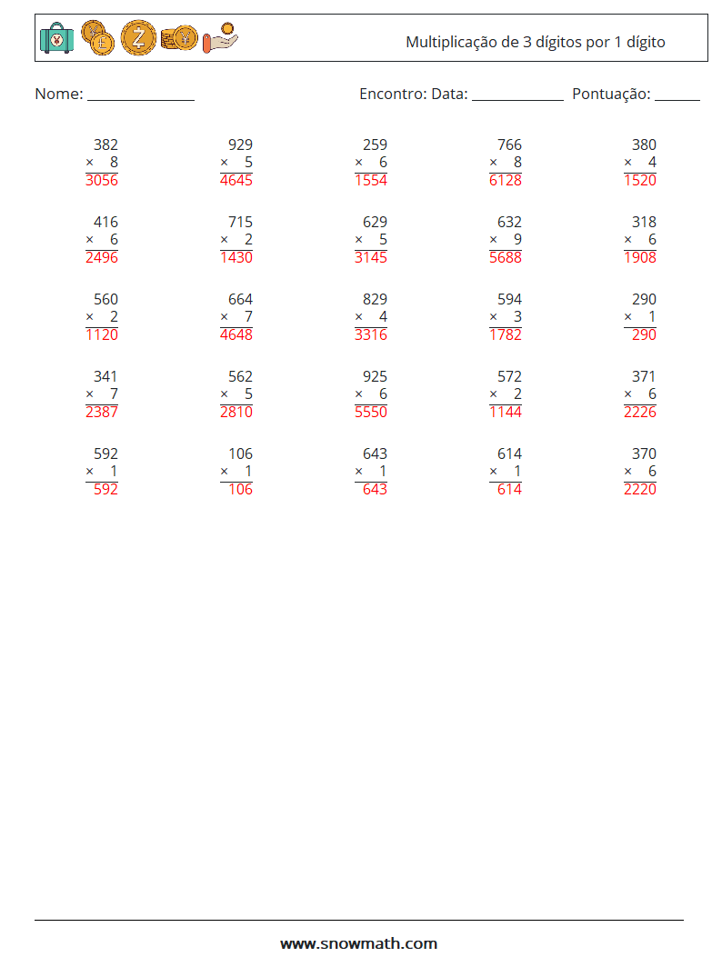 (25) Multiplicação de 3 dígitos por 1 dígito planilhas matemáticas 18 Pergunta, Resposta