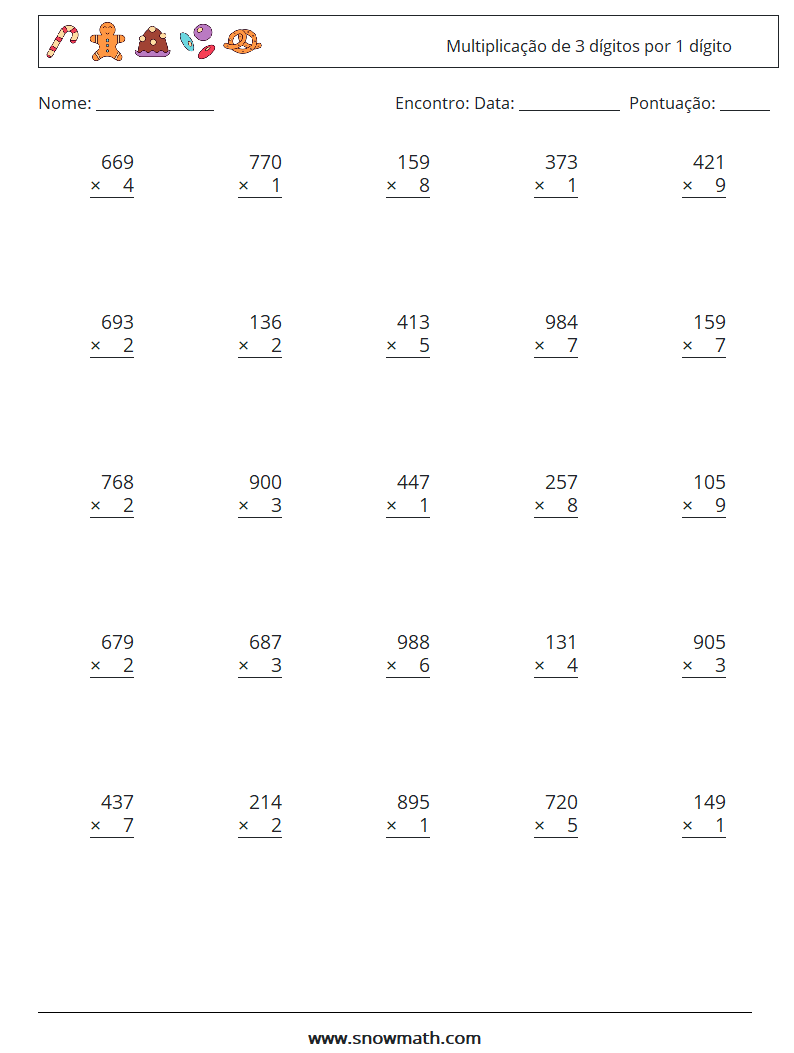 (25) Multiplicação de 3 dígitos por 1 dígito planilhas matemáticas 6