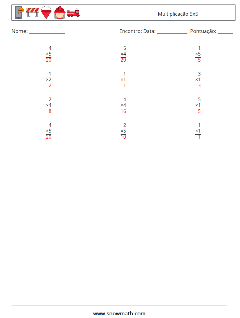 (12) Multiplicação 5x5 planilhas matemáticas 2 Pergunta, Resposta