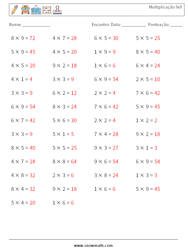 (50) Multiplicação 9x9 planilhas matemáticas 1 Pergunta, Resposta