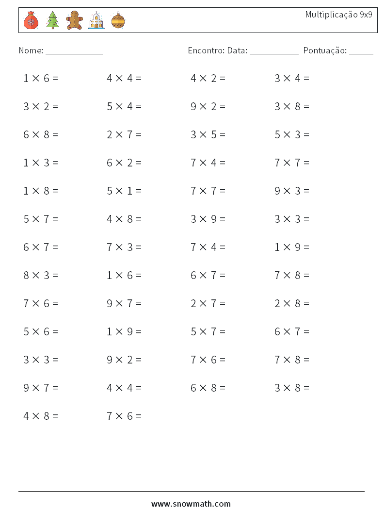(50) Multiplicação 9x9 planilhas matemáticas 2