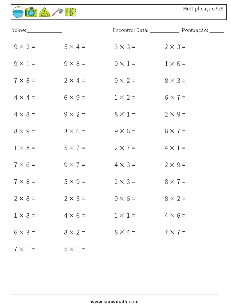 (50) Multiplicação 9x9 planilhas matemáticas 3