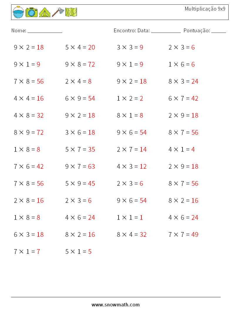 (50) Multiplicação 9x9 planilhas matemáticas 3 Pergunta, Resposta