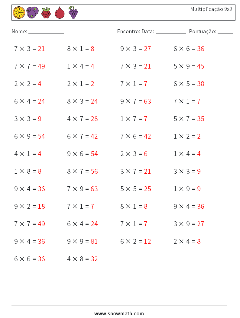 (50) Multiplicação 9x9 planilhas matemáticas 4 Pergunta, Resposta