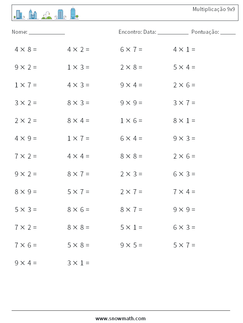 (50) Multiplicação 9x9 planilhas matemáticas 5