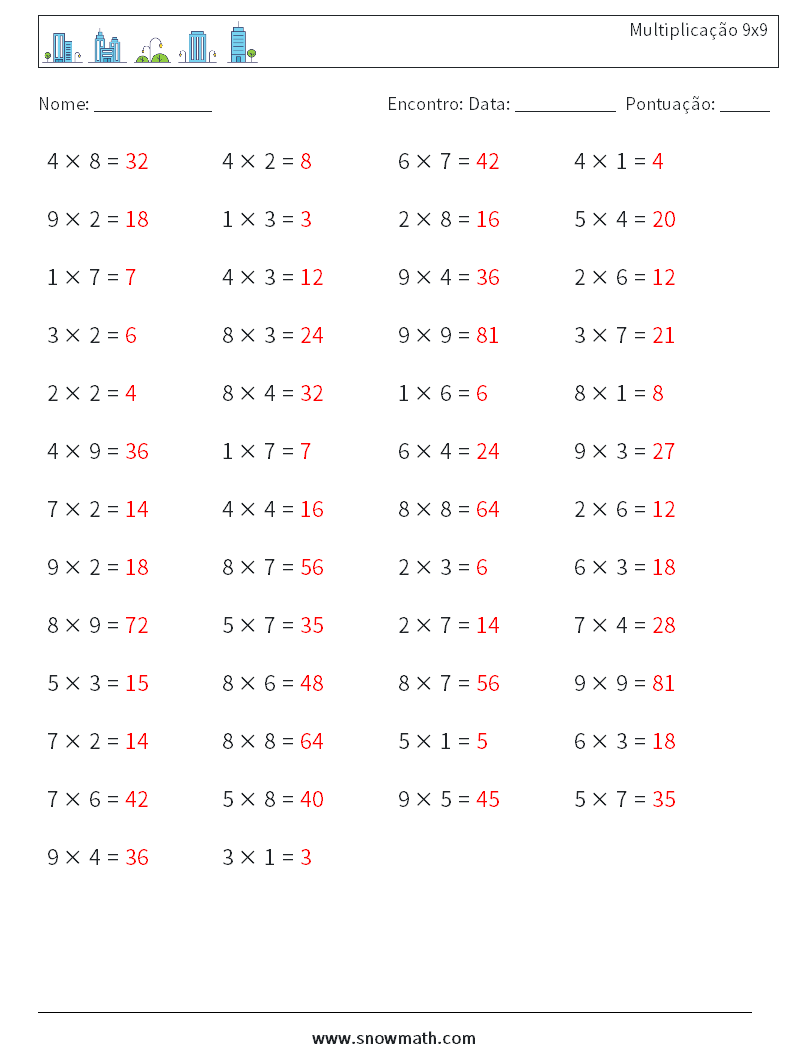 (50) Multiplicação 9x9 planilhas matemáticas 5 Pergunta, Resposta