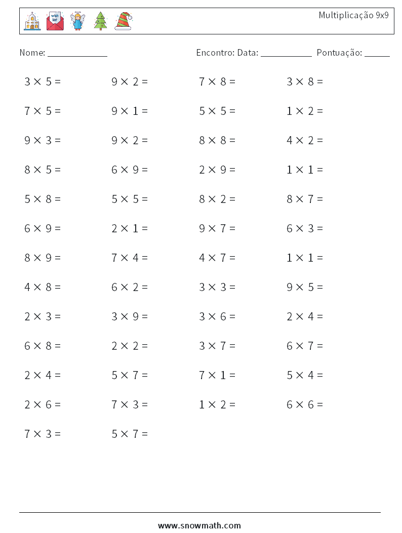(50) Multiplicação 9x9 planilhas matemáticas 6