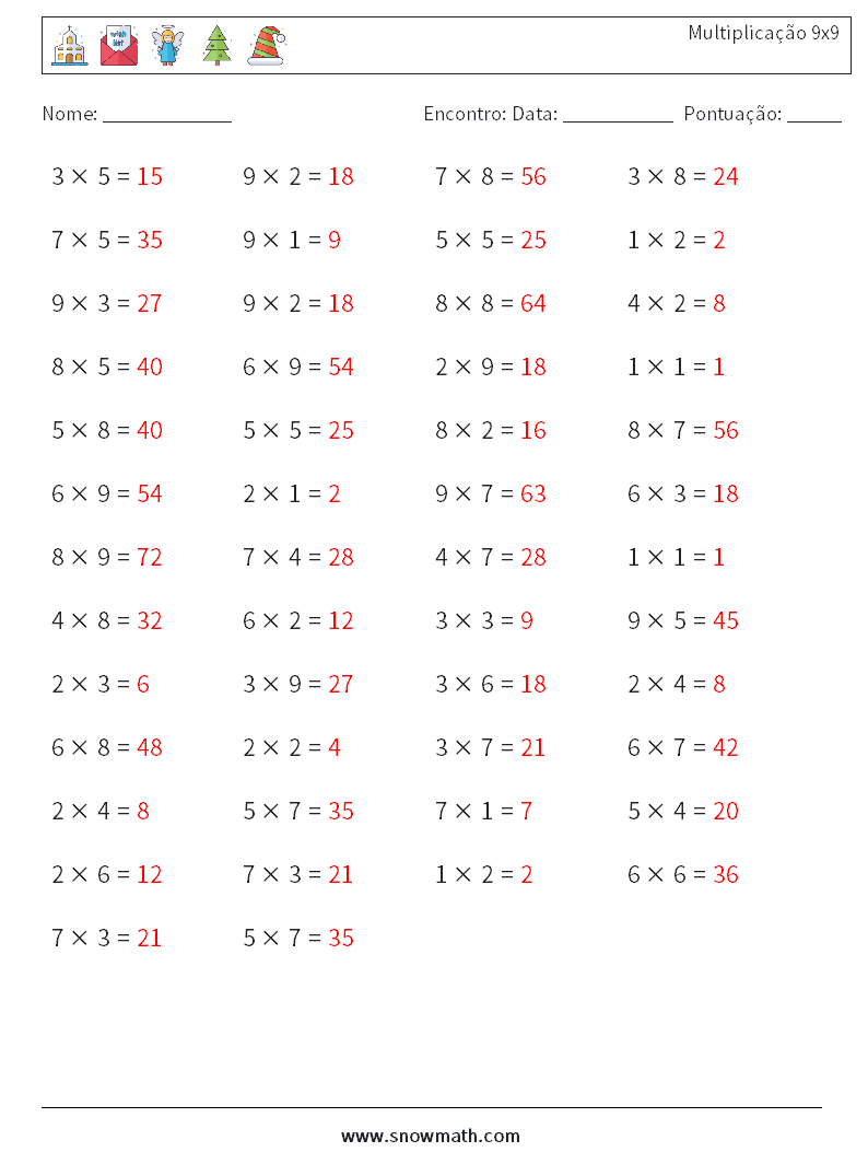 (50) Multiplicação 9x9 planilhas matemáticas 6 Pergunta, Resposta