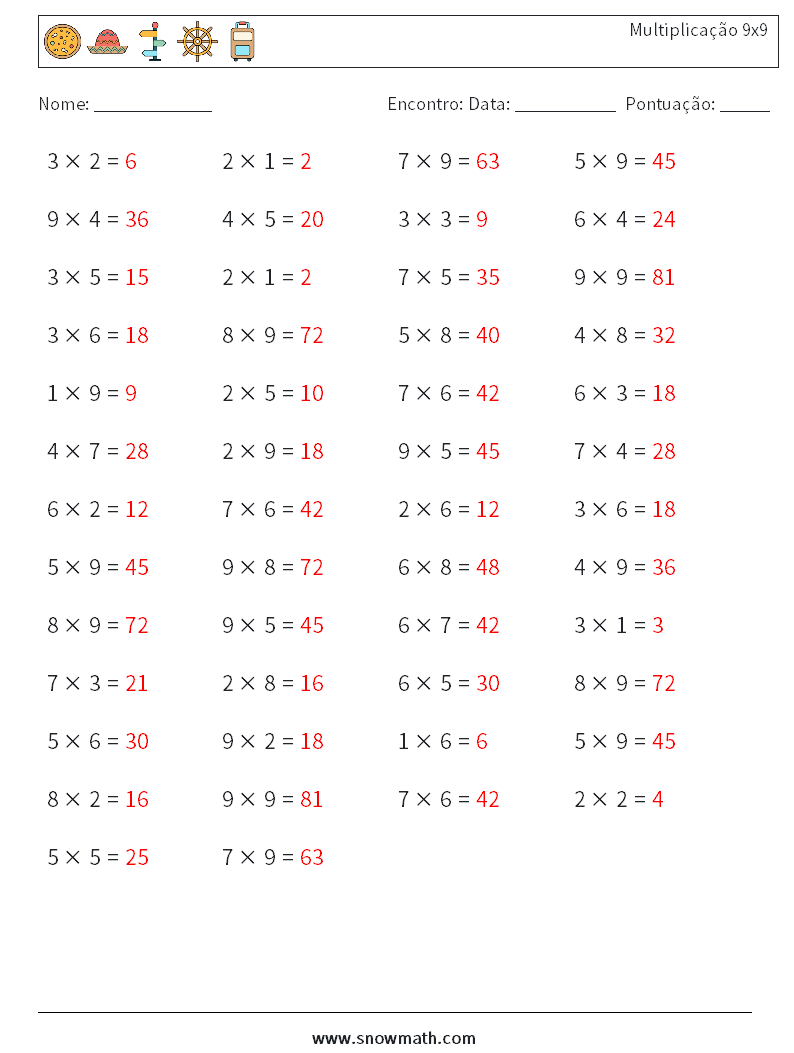 (50) Multiplicação 9x9 planilhas matemáticas 9 Pergunta, Resposta