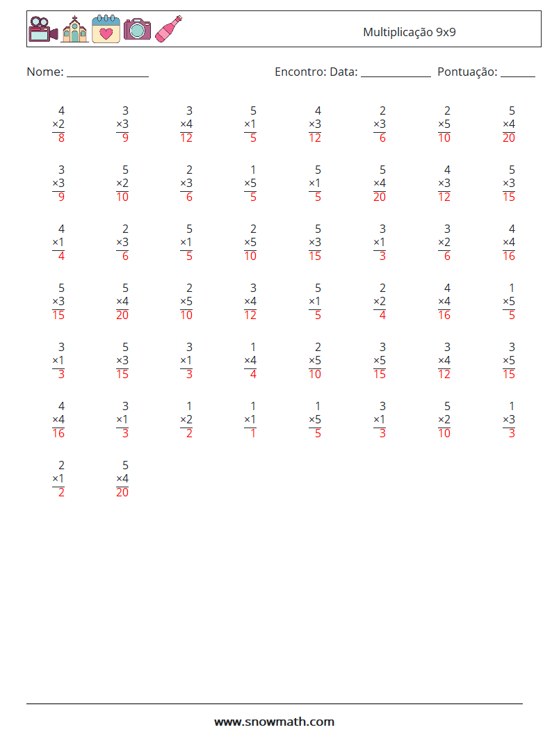 (50) Multiplicação 9x9 planilhas matemáticas 1 Pergunta, Resposta