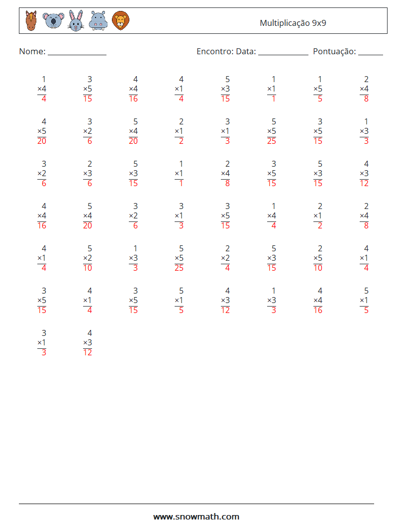 (50) Multiplicação 9x9 planilhas matemáticas 2 Pergunta, Resposta