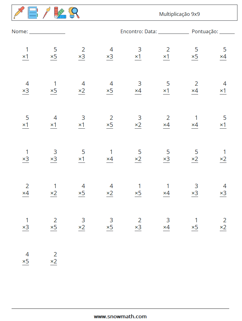 (50) Multiplicação 9x9 planilhas matemáticas 4
